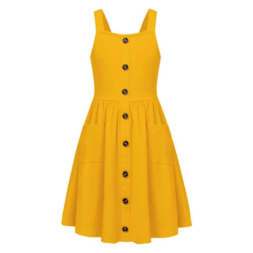 Girl's Summer Sundress Spaghetti Strap Button Down Midi Dress with Pockets